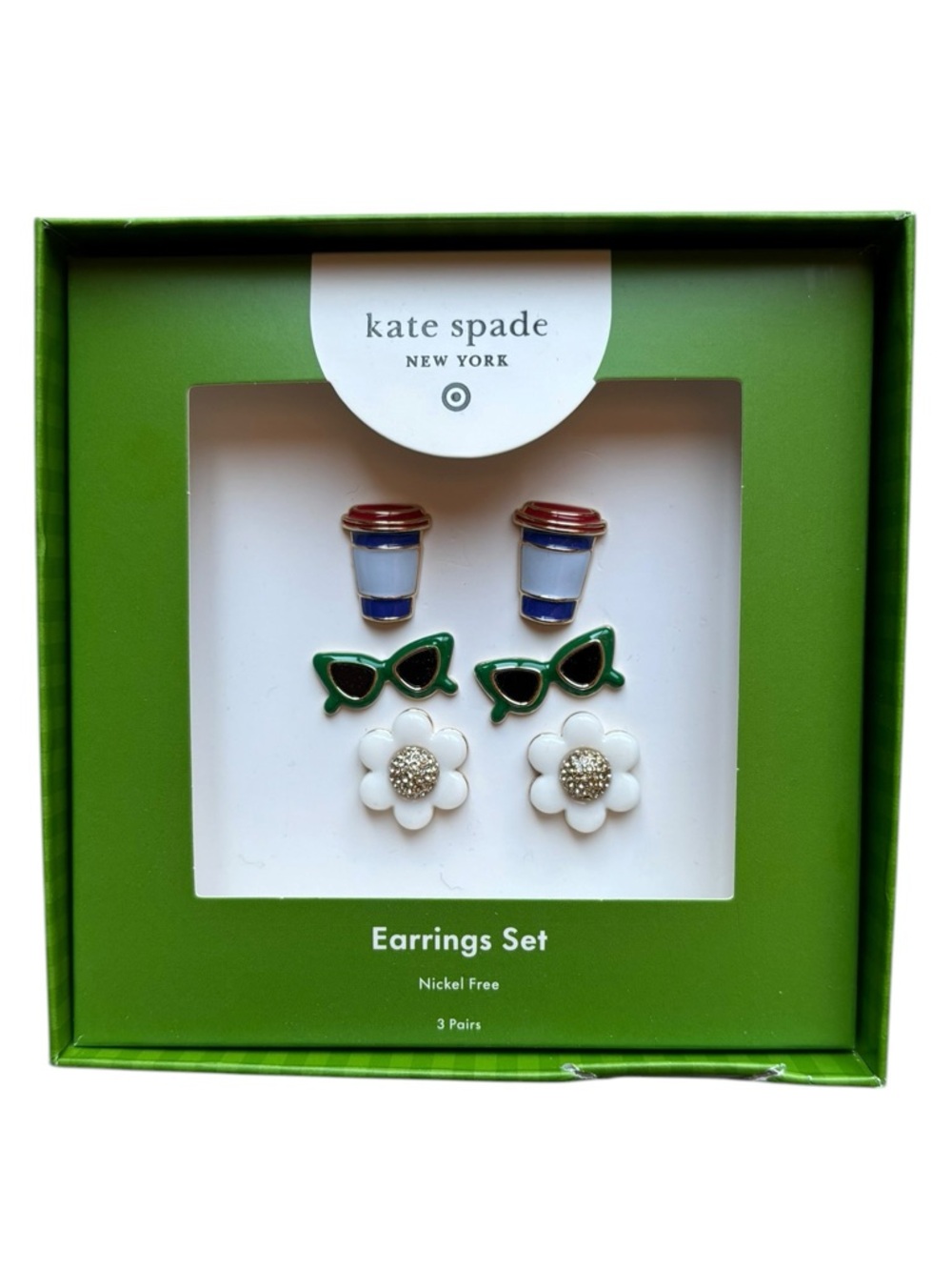 kate spade X Target green sunglasses, white flower & blue/red coffee earring set